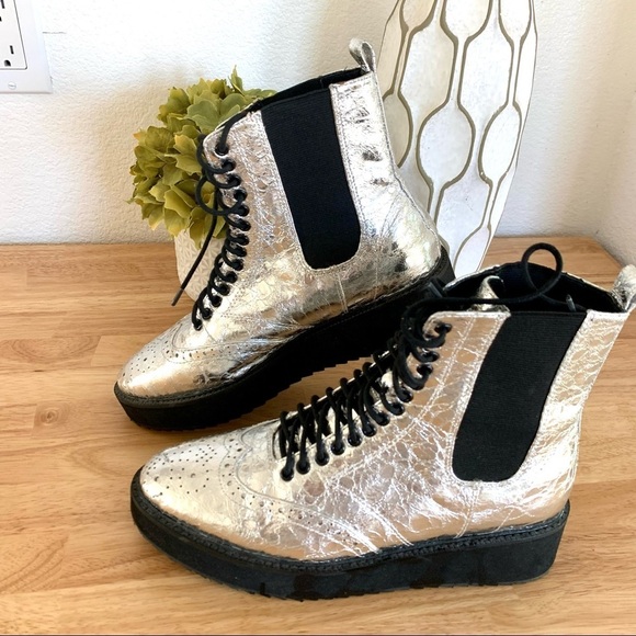 Shelly’s London Silver Lily Lace Up Chelsea Platform Wedge Boots Size 6.5 - Picture 3 of 13